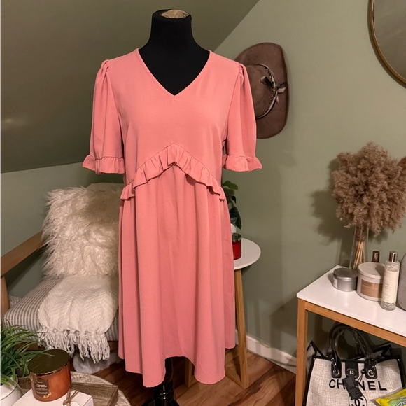 Dresses & Skirts - Women’s Pink Midi Dress with Ruffle Detail
